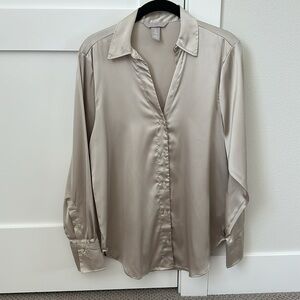 H&M Tan Faux Silk Collar Blouse Shirt